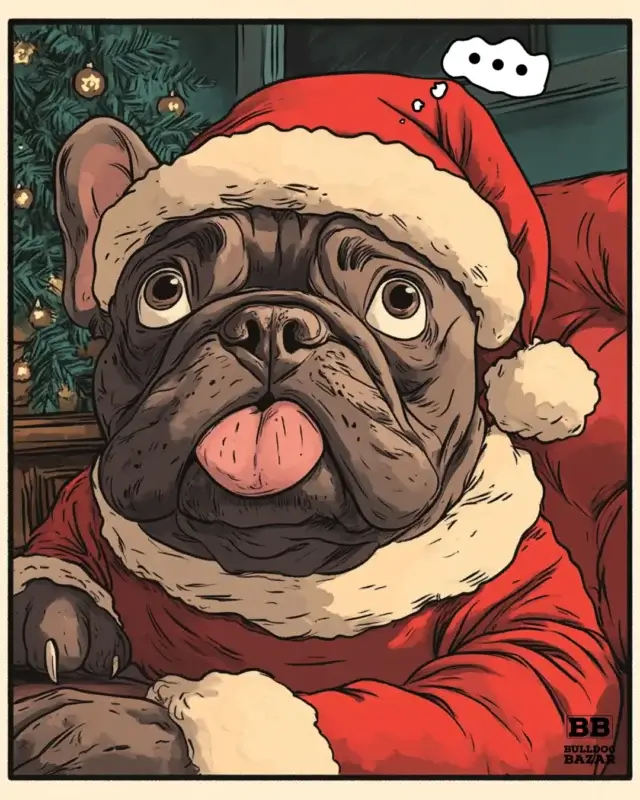 French Bulldog dressed as Santa Claus with a funny expression – Christmas illustration