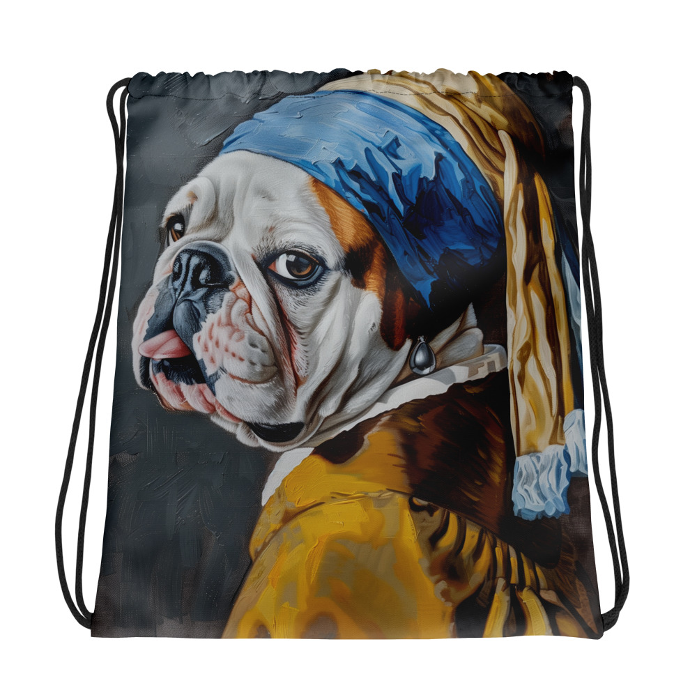 all-over-print-drawstring-bag-white-mockup-6921467d585d5.jpg English Bulldog Drawstring Bag - Pearl Earring - Image 1