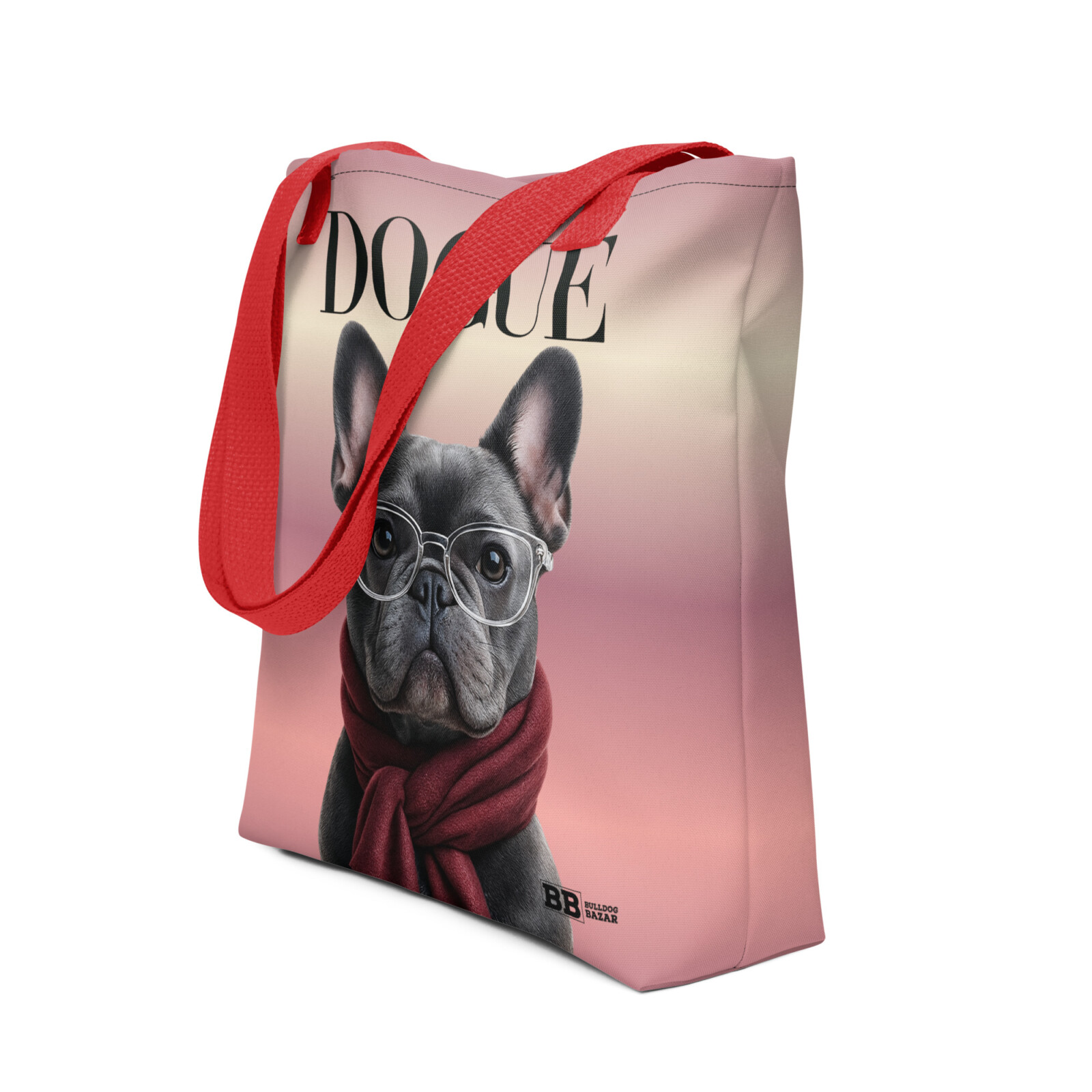 all-over-print-tote-bag-red-15x15-front-692cf78d15a5c.jpg French Bulldog Tote Bag - DOGUE Blue Edition - Image 1