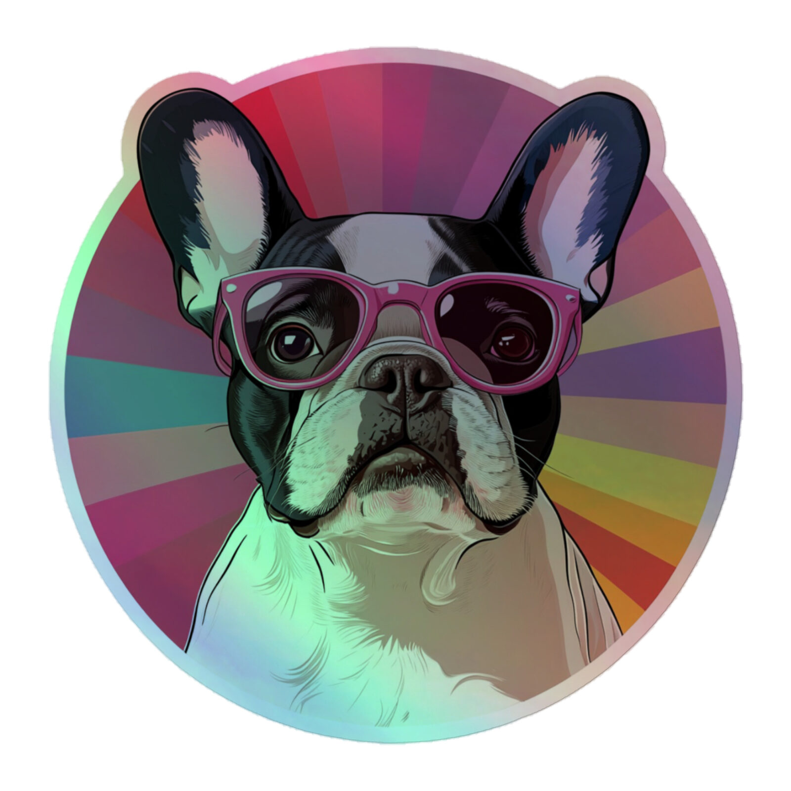 kiss-cut-holographic-stickers-grey-5.5x5.5-front-691c04a5b748b.jpg French Bulldog Holographic Sticker - Round 27 - Image 1