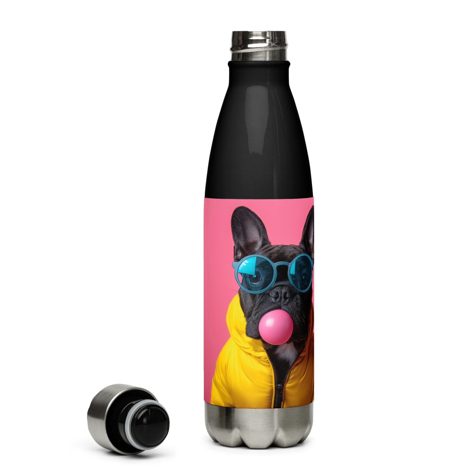 stainless-steel-water-bottle-black-17-oz-right-691618f3cf3a2.jpg French Bulldog Stainless Steel Water Bottle – Bubblegum