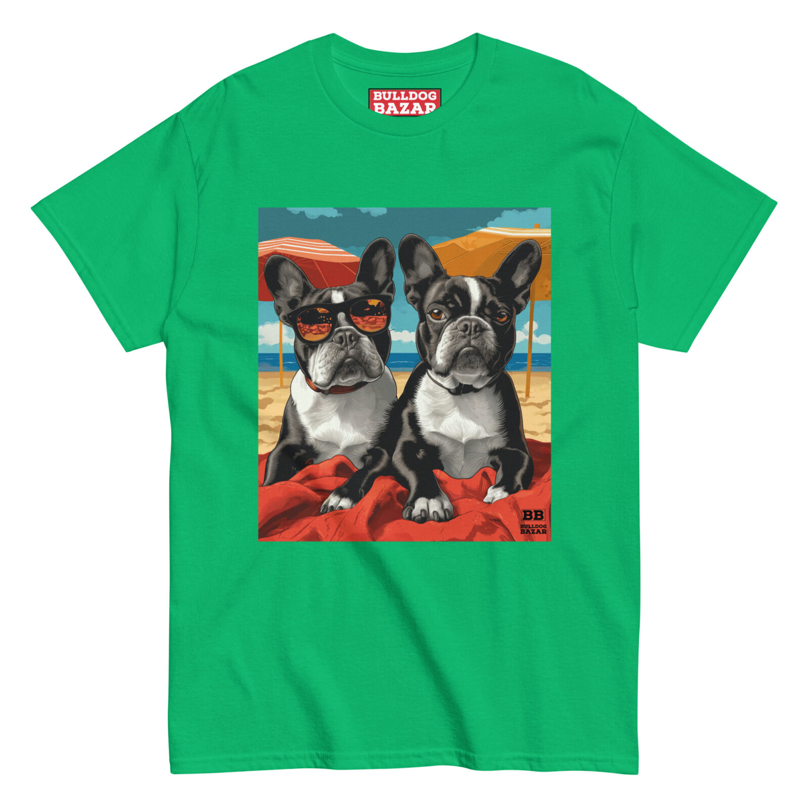unisex-classic-tee-irish-green-front-6920a07625fc9.jpg French Bulldog T-shirt - Beach Day