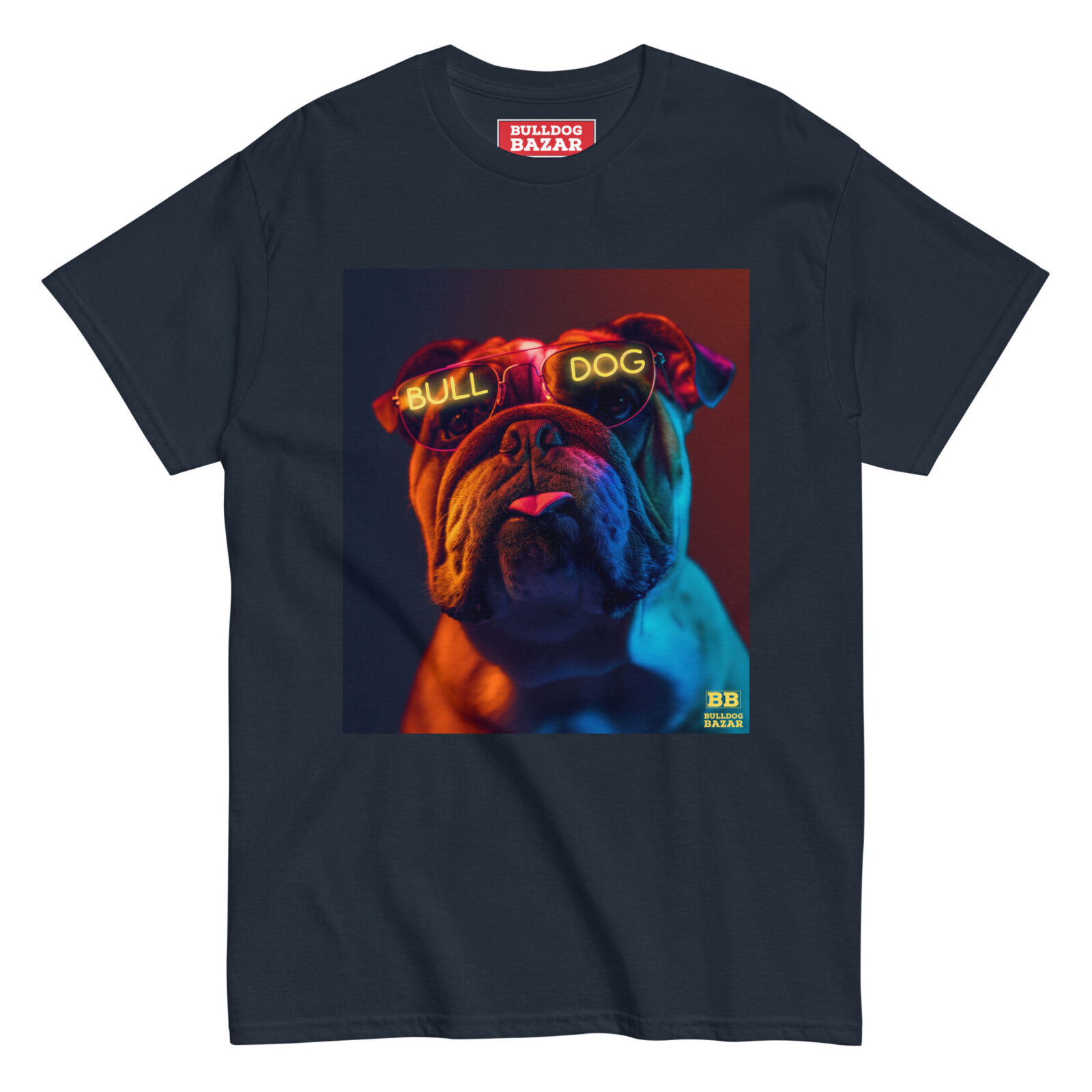 unisex-classic-tee-navy-front-69226d4b4f2b5.jpg English Bulldog T-shirt - Neon Glasses - Image 1