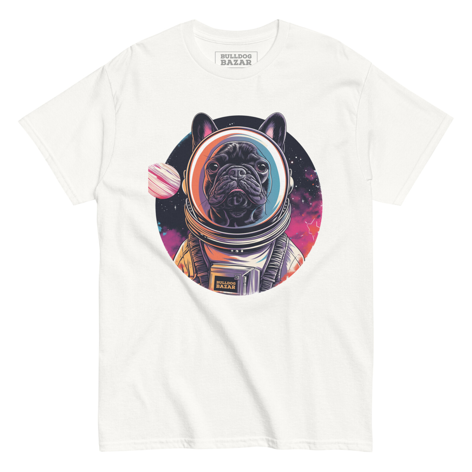 unisex-classic-tee-white-front-6927edec4fe09.jpg French Bulldog T-shirt - Space Frenchie - Image 1
