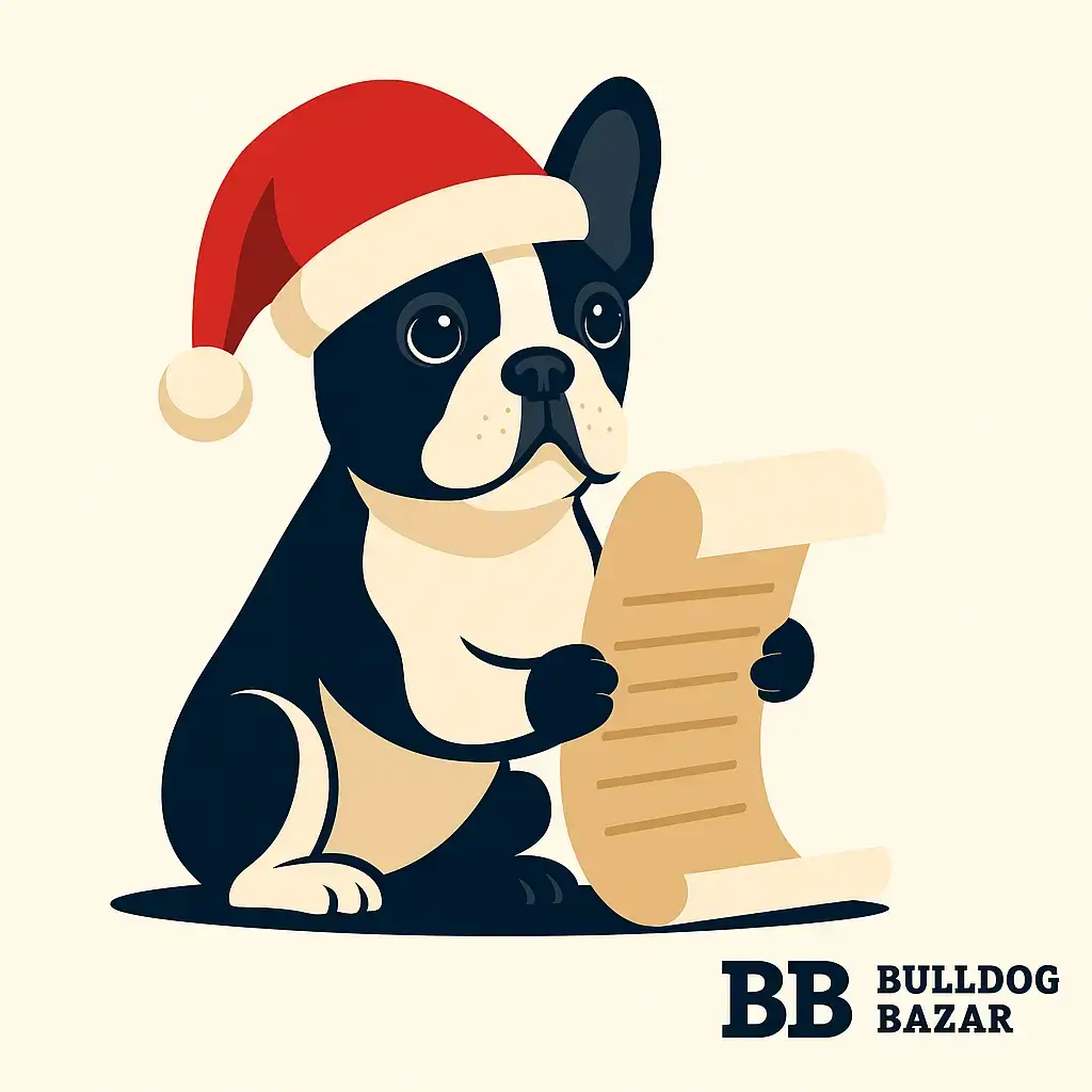 French Bulldog Christmas illustration holding a wish list – Bulldog Bazar