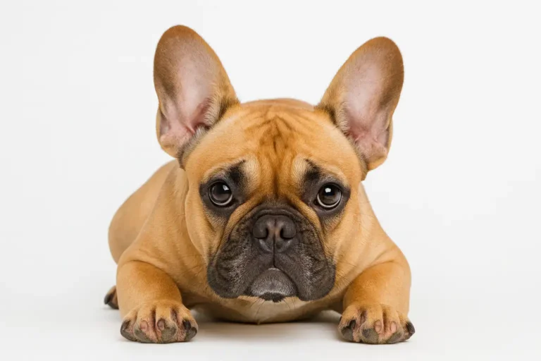 fawn French Bulldog lying down on white background