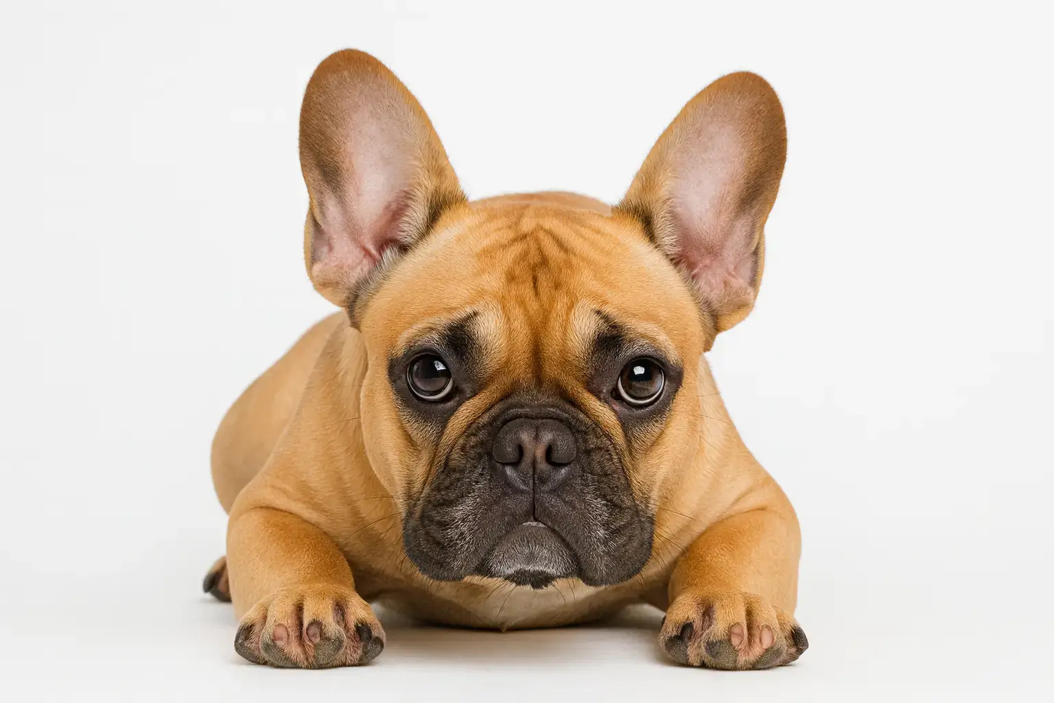 fawn French Bulldog lying down on white background