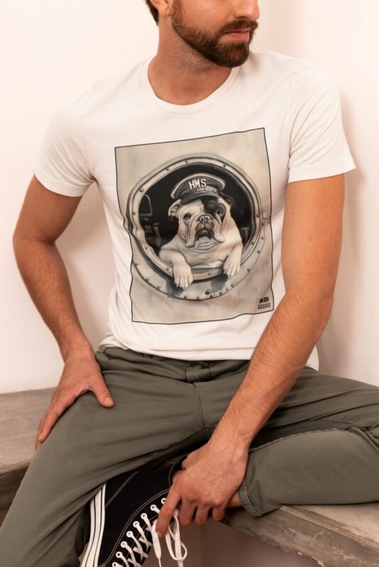 Models wearing Bulldog Bazar T-shirts featuring the HMS Venus mascot illustration.