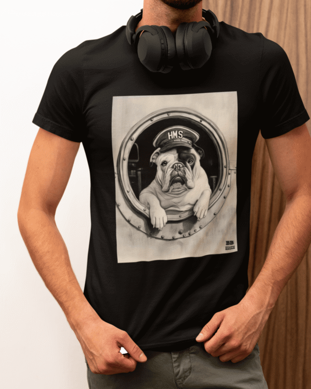 Models wearing Bulldog Bazar T-shirts featuring the HMS Venus mascot illustration.