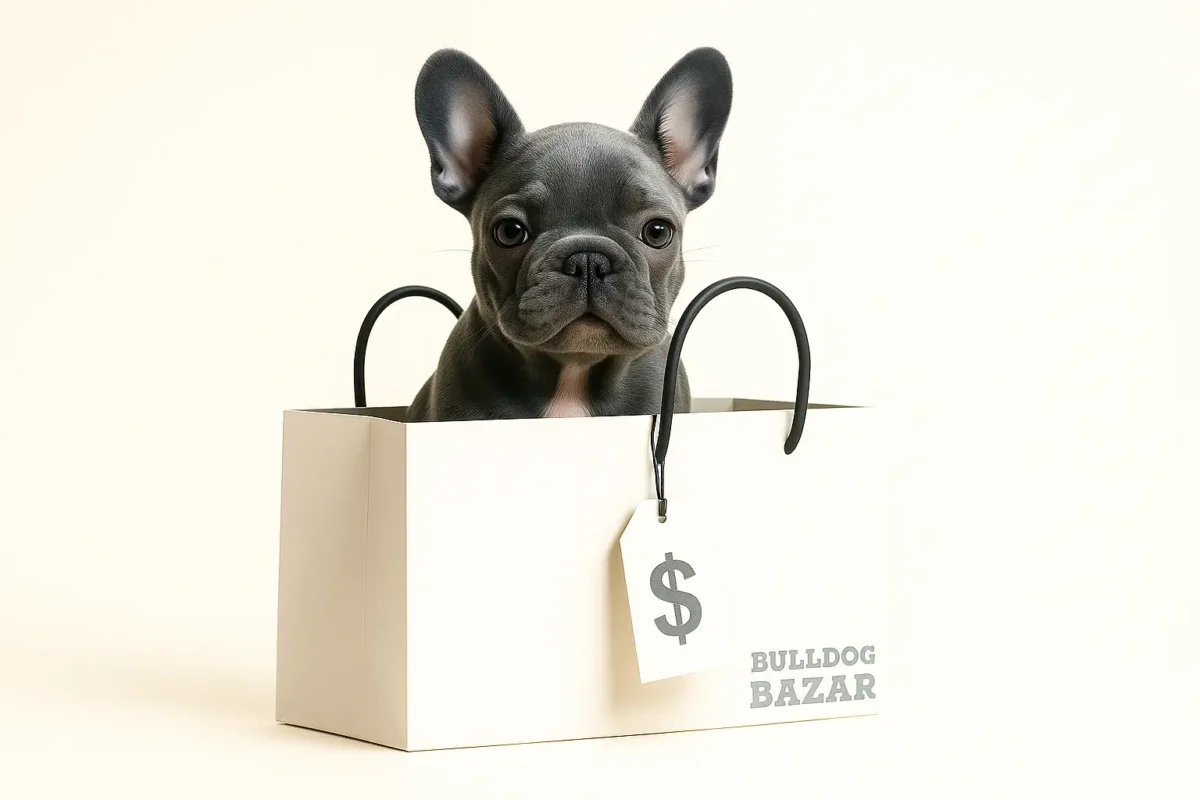 Flat illustration of a blue French Bulldog puppy inside a shopping bag used for the French Bulldog Price 2026 guide.