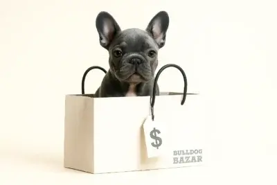Flat illustration of a blue French Bulldog puppy inside a shopping bag used for the French Bulldog Price 2026 guide.