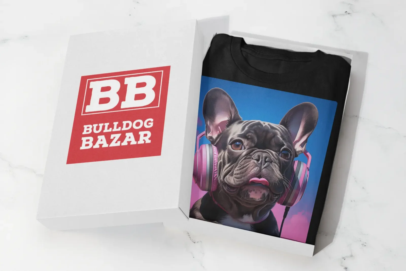 French Bulldog T-shirt folded inside a Bulldog Bazar gift box, featuring a modern bulldog illustration wearing headphones