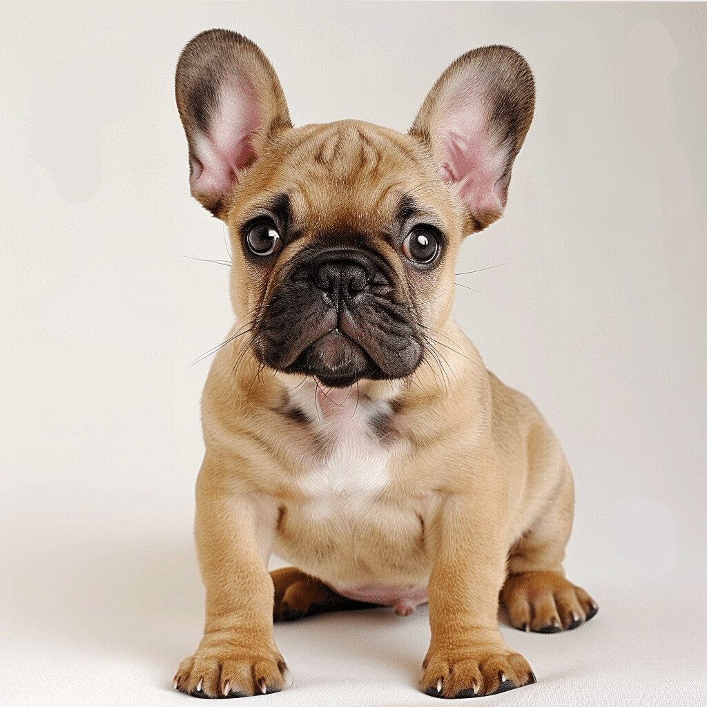 Real photo of a fawn French Bulldog puppy sitting and looking at the camera, used in a quick and fun French Bulldog breed guide.