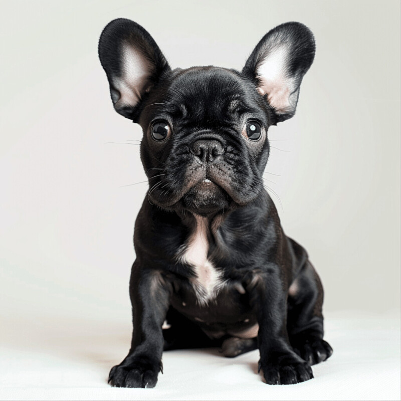 Black French Bulldog puppy sitting and looking at the camera, used to illustrate French Bulldog behavior and expressive facial features.