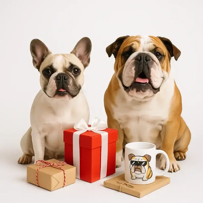 Bulldog gifts featuring French and English Bulldogs with presents