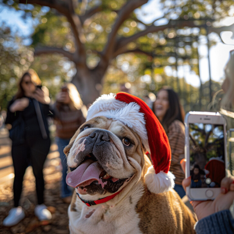 English Bulldog: wearing santa hat at the park being photographed