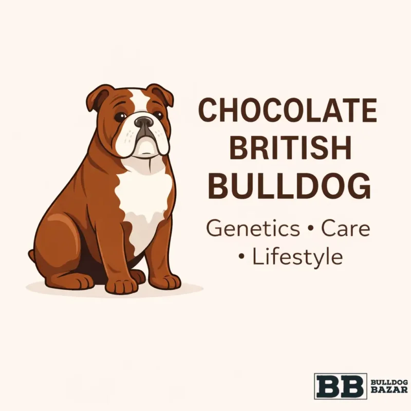 Editorial illustration of a chocolate British bulldog highlighting genetics, care, and lifestyle