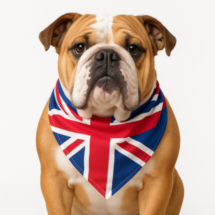 English Bulldog wearing one Bandana of UK Flag