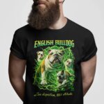 Bearded man wearing a black English Bulldog t-shirt with green lightning and a bulldog skateboarding design