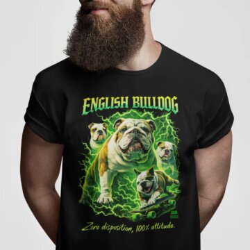Bearded man wearing a black English Bulldog t-shirt with green lightning and a bulldog skateboarding design