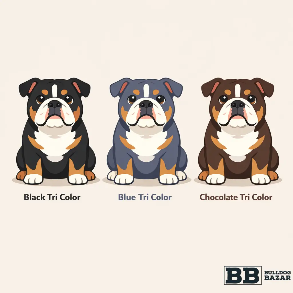 Clean flat vector infographic showing three types of tri color English Bulldogs: black tri, blue tri and chocolate tri, with tan points and white markings.