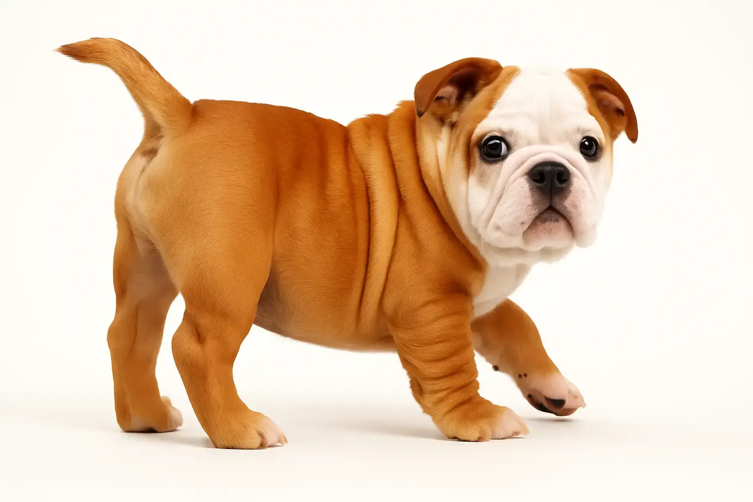 Real photo of Zeus, an English Bulldog with a natural long tail, photographed in a white studio background for the Bulldog Bazar Global tail guide.