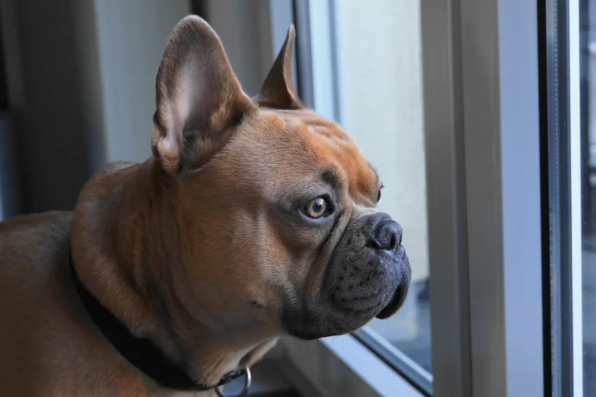 Fawn French Bulldog looking out a window indoors