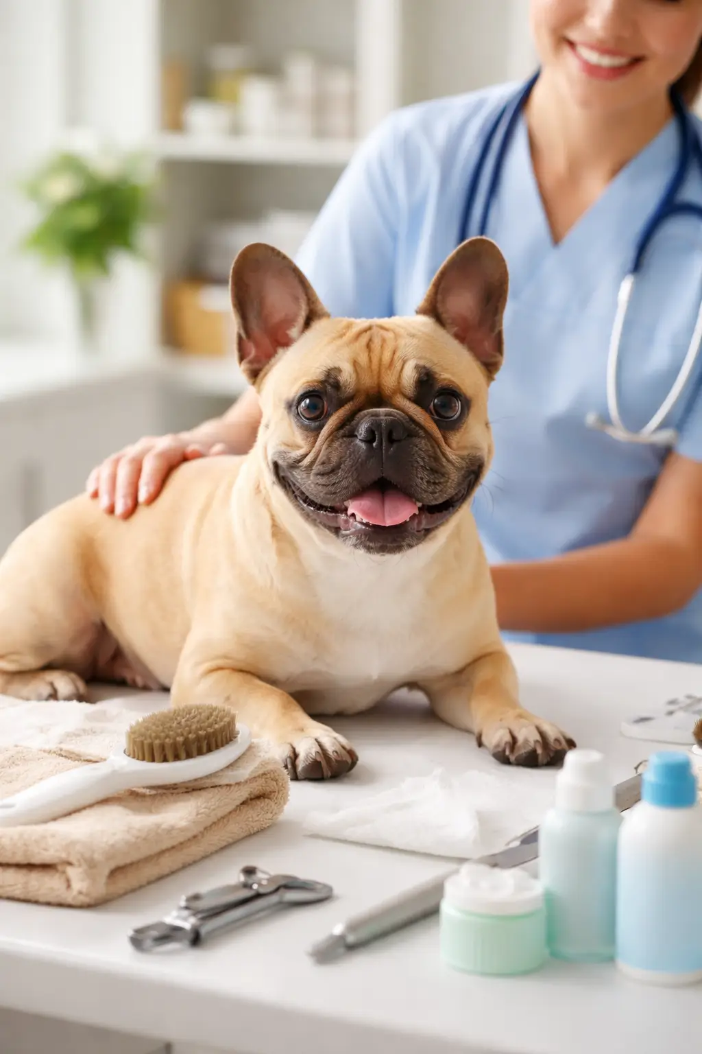 Fawn French Bulldog receiving routine care during a veterinary visit
