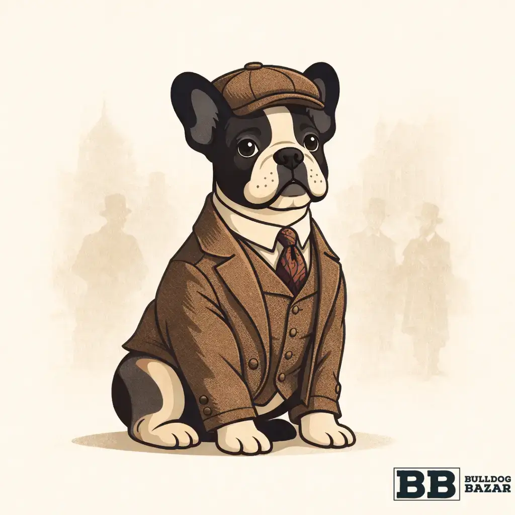 Editorial illustration of a French Bulldog inspired by early 20th century history