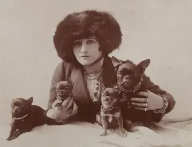 French Bulldog named Neco with Mrs. J. Wadsworth Carpenter, illustrating early international popularity of the breed