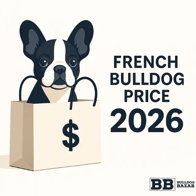 Flat illustration of a French Bulldog in a shopping bag with the text French Bulldog Price 2026 for Bulldog Bazar Global.