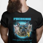 Bearded man wearing a black French Bulldog t-shirt with a stylish bulldog illustration and neon blue effects