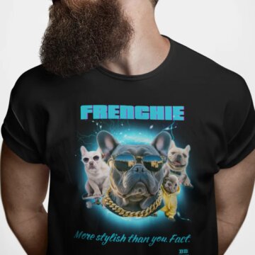 Bearded man wearing a black French Bulldog t-shirt with a stylish bulldog illustration and neon blue effects