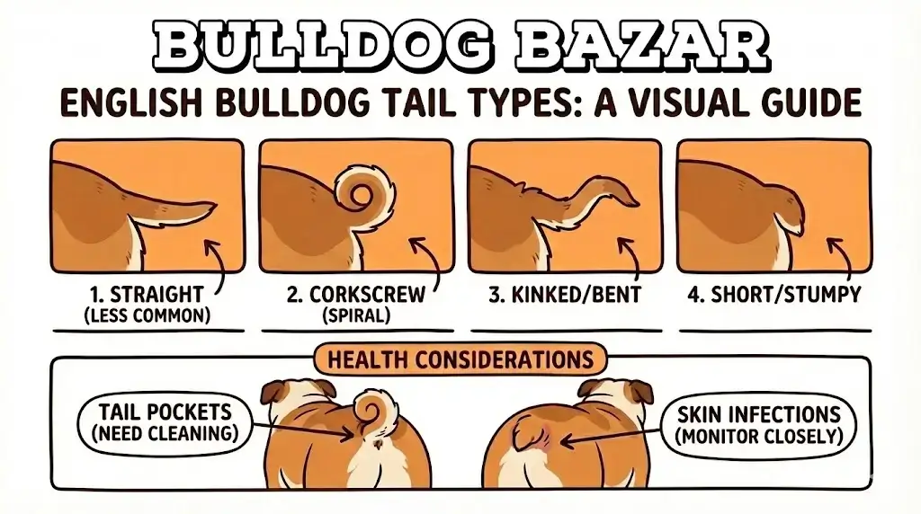 tail guideInfographic showing four English Bulldog tail types: straight, screw, corkscrew, and curly.