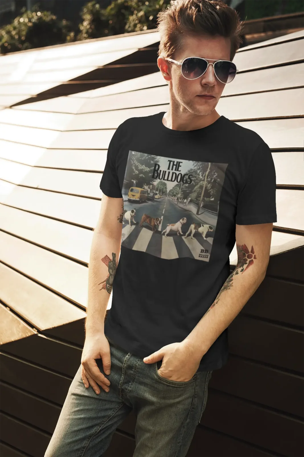 English Bulldog t-shirt worn by a man wearing sunglasses, lifestyle mockup