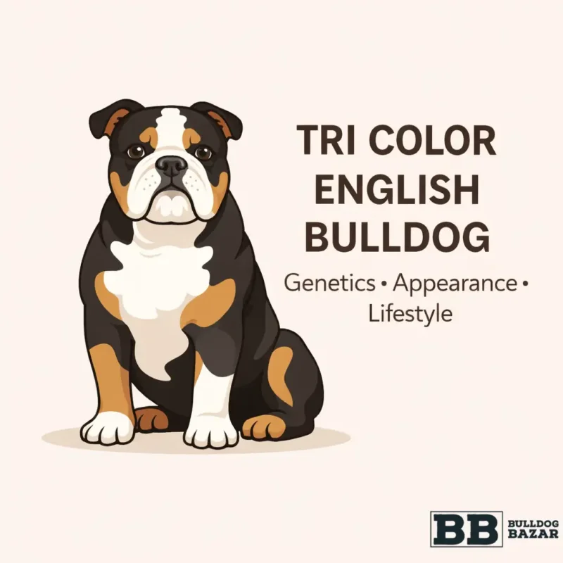 Tri color English Bulldog illustration showing black base coat with tan points and white chest markings