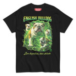English Bulldog bootleg t-shirt with green lightning graphic design on black shirt