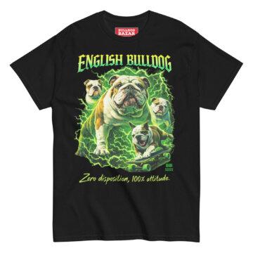 English Bulldog bootleg t-shirt with green lightning graphic design on black shirt