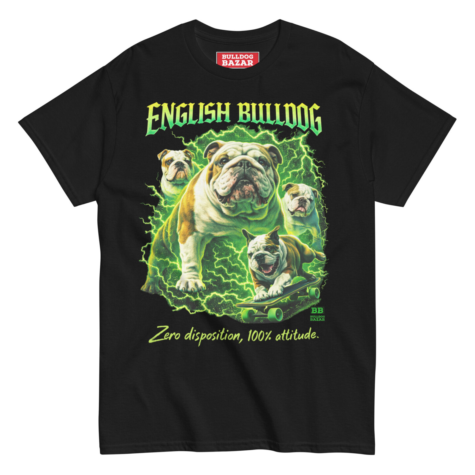 unisex-classic-tee-black-front-69462c6c2ffd7.jpg English Bulldog bootleg t-shirt with green lightning graphic design on black shirt