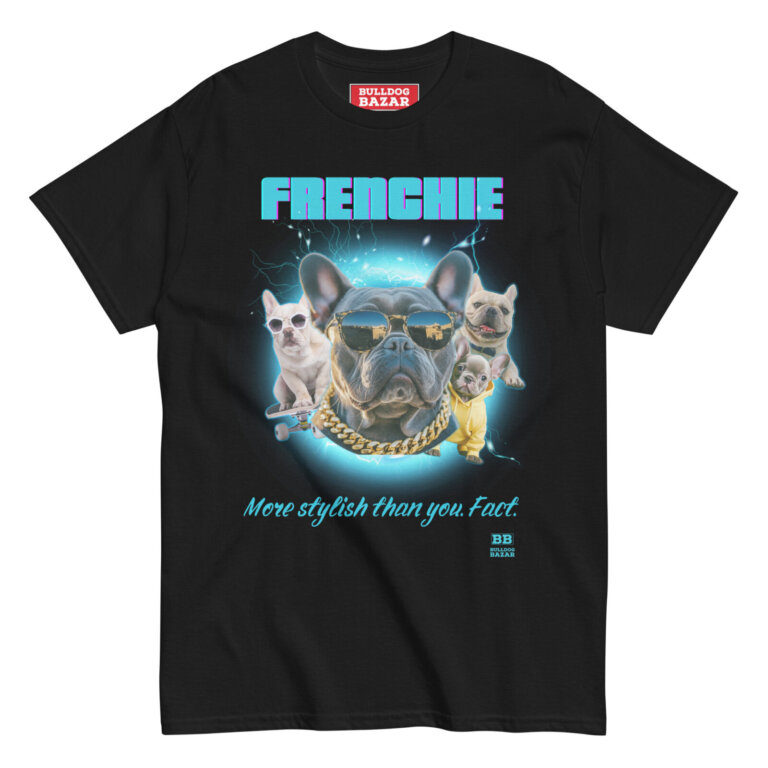 black French Bulldog t-shirt with a stylish bulldog illustration and neon blue effects