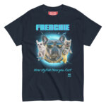 French Bulldog bootleg t-shirt with streetwear graphic design on blue navy shirt
