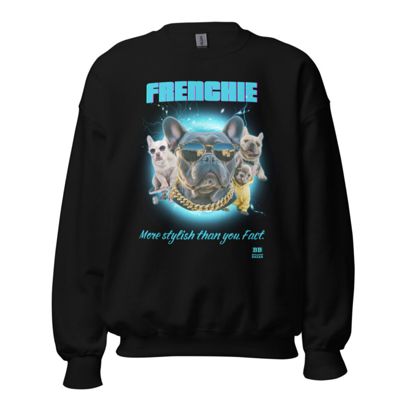 French Bulldog bootleg sweatshirt with streetwear graphic design on black sweatshirt