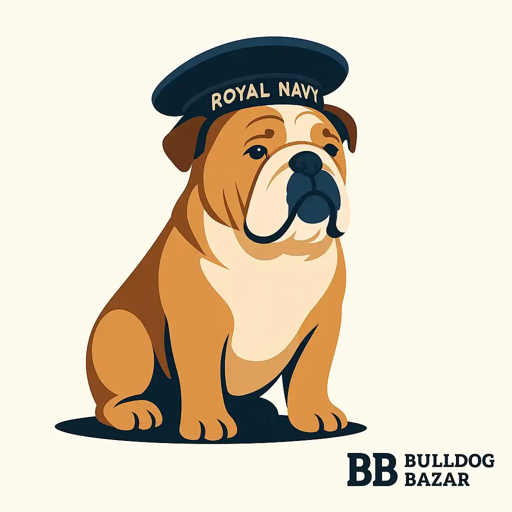 Vector illustration of an English Bulldog wearing a Royal Navy cap, created for Bulldog Bazar.