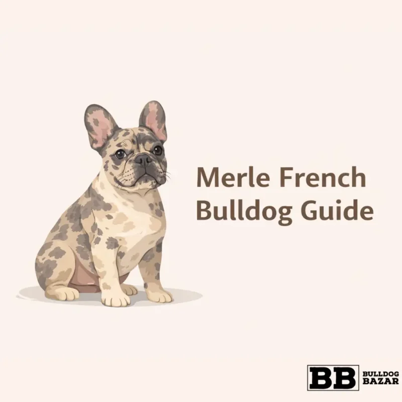Editorial illustration of a merle French Bulldog with the title Merle French Bulldog Guide on a soft beige background